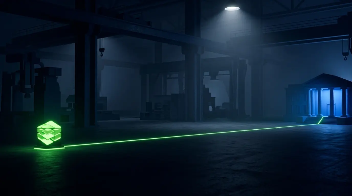 The path from a machine readable manufacturer identity to a government buyer, drawn as one clear line across a dark workshop floor.