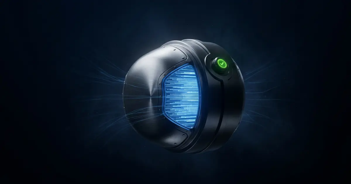 A sealed metal vault holding a contained core of blue data light, with one green node signaling secured. The visual stands for a small B2B keeping its customer data its own while using AI.