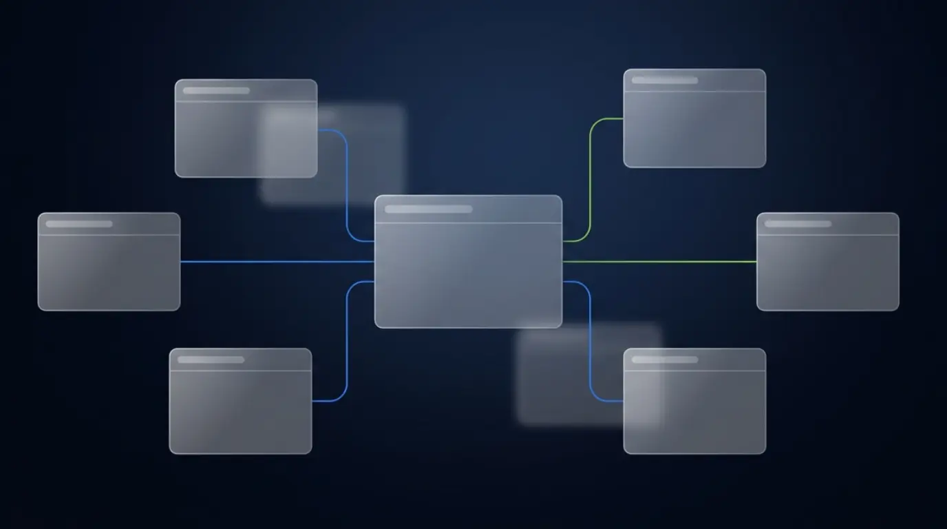 A clean, connected set of labeled knowledge files arranged as a navigable map on a dark navy field, representing the structured, human-curated knowledge that AI systems read about a company.